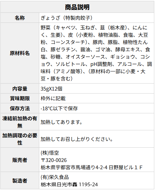 特製肉餃子 原材料表示